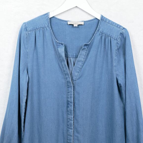 LOFT Chambray Ruffle Flounce Dress Dropped Waist Soft Lyocell Linen Blue Sz M - Picture 4 of 9